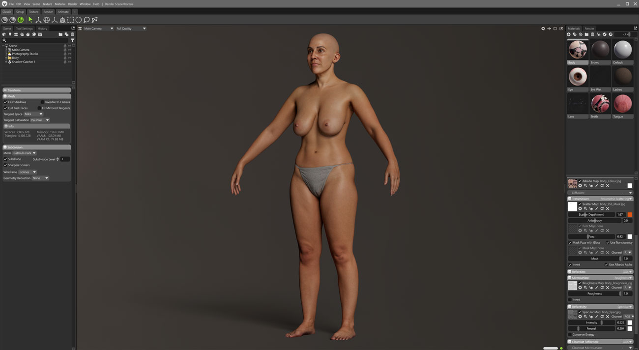Marmoset Toolbag real-time render of a fuller-figured female 3D body scan with PBR skin shading